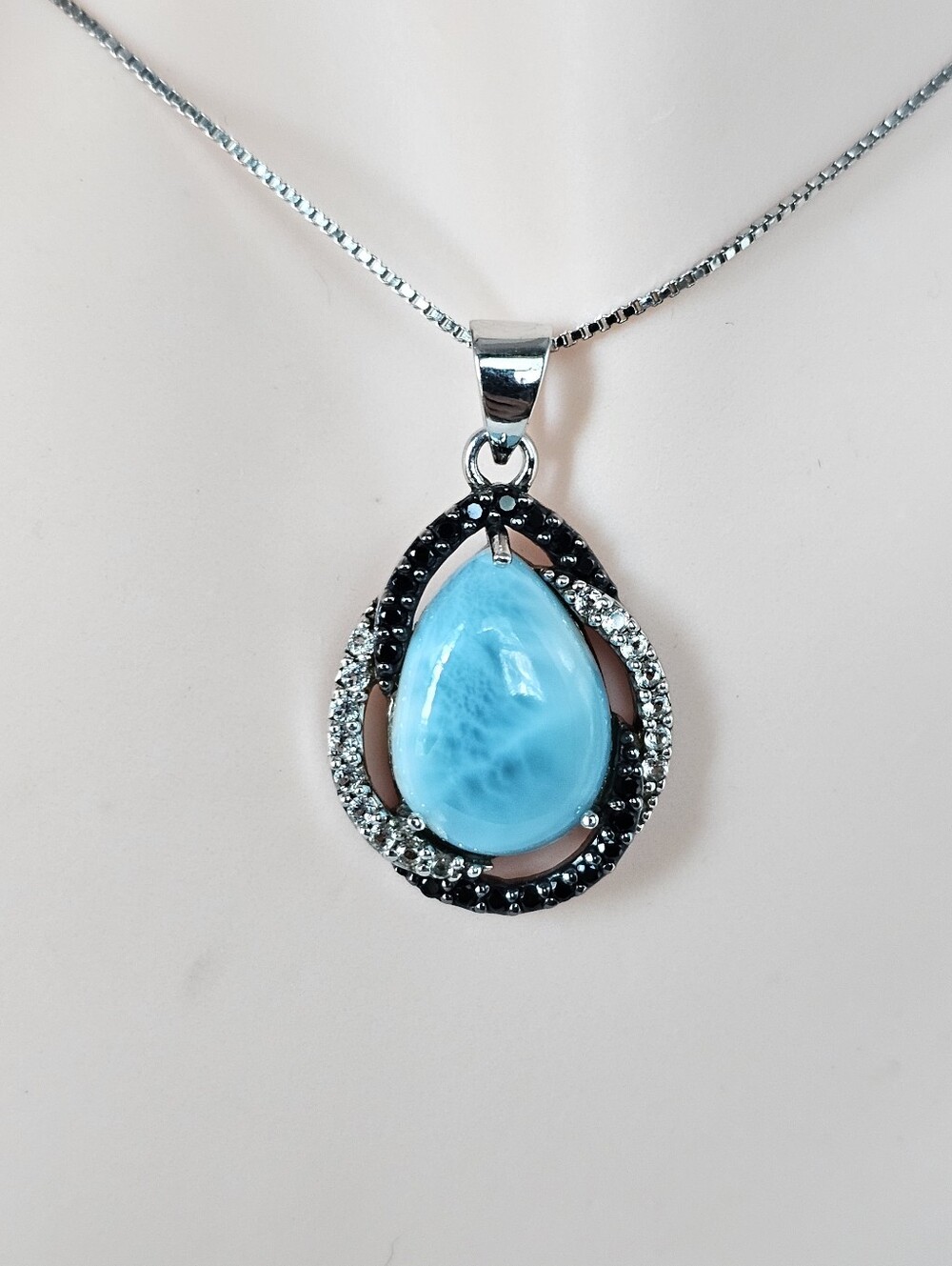 Genuine Larimar Pendant Black Spinel & White Zircon Sterling Silver Chain! - Picture 1 of 7